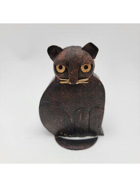 Black Metal Cat Folk Art Candle Holder  Vintage Rustic Decor Unique Design